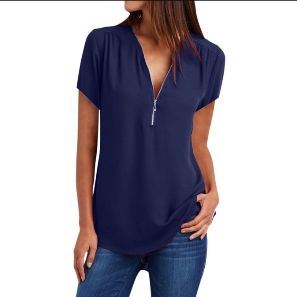 🔷5/$25 Rue juju Short Sleeve Half Zipper V Neck Tunic Top Blouse Shirt 2XL